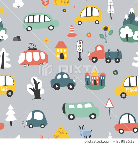 Cute Cars Seamless Pattern, Cartoon transportation Doodles Background, vector Illustration 85992532