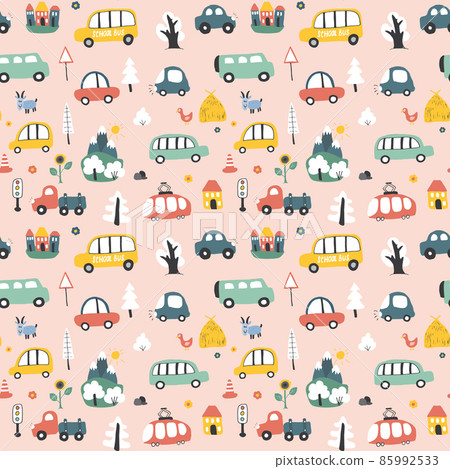 Cute Cars Seamless Pattern, Cartoon transportation Doodles Background, vector Illustration 85992533