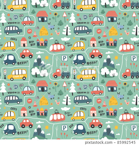 Cute Cars Seamless Pattern, Cartoon transportation Doodles Background, vector Illustration 85992545