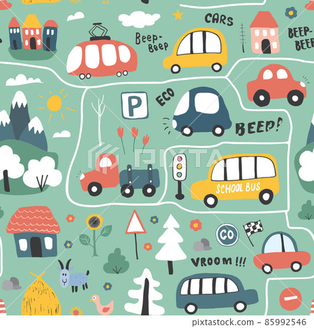 Cute Cars Seamless Pattern, Cartoon transportation Doodles Background, vector Illustration Cute Cars Seamless Pattern, Cartoon transportation Doodles Background, vector Illustration 85992546