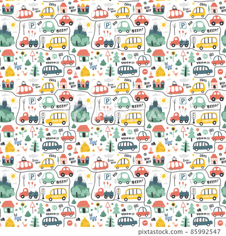 Cute Cars Seamless Pattern, Cartoon transportation Doodles Background, vector Illustration 85992547