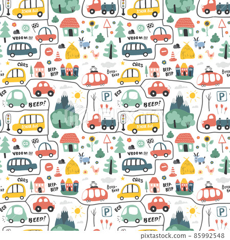 Cute Cars Seamless Pattern, Cartoon transportation Doodles Background, vector Illustration 85992548