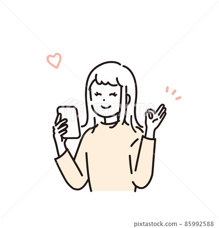 A simple vector illustration of a woman giving an OK sign to complete a reservation or application on her smartphone 85992588