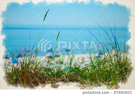 Watercolor drawing of Green grass in front of sandy yellow beach and blue sky in National Park Kursiu nerija, the Curonian Spit Watercolor drawing of Green grass in front of sandy yellow beach and blue sky in National Park Kursiu nerija, the Curonian Spit 85992603