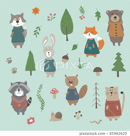 Cute Animals in clothes. Cartoon forest wildlife animals collection, fox, wolf, bear, beaver, raccoon, rabbit and wild cat. Vector illustration Cute Animals in clothes. Cartoon forest wildlife animals collection, fox, wolf, bear, beaver, raccoon, rabbit and wild cat. Vector illustration 85992620