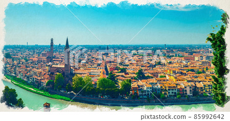 Watercolor drawing of Panorama of Verona historical city centre, bridges across Adige river 85992642
