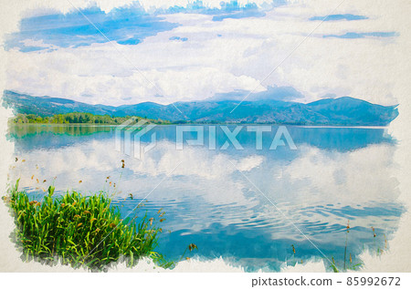 Watercolor drawing of Blue cloudy sky over Lake Orestiada near Kastoria town 85992672