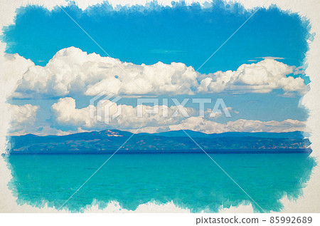 Watercolor drawing of View of blue paradise water of Toroneos kolpos gulf, blue sky and white clouds over Sithonia peninsula seen from Halkidiki 85992689