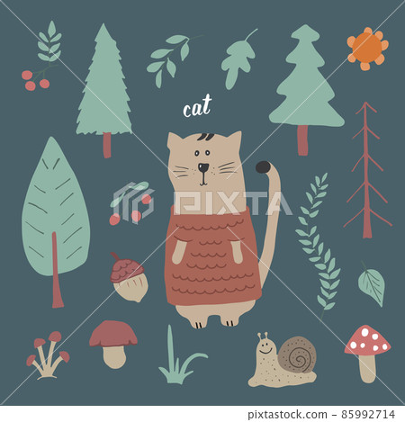 Cute Cat in forest. Cartoon Animal in Woodland with trees and plants. Vector illustration Cute Cat in forest. Cartoon Animal in Woodland with trees and plants. Vector illustration 85992714