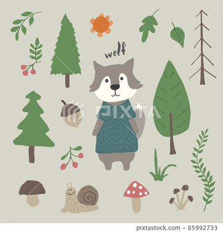 Cute Wolf in forest. Cartoon Animal in Woodland with trees and plants. Vector illustration 85992733