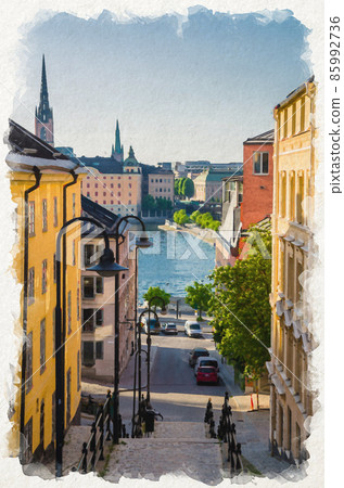 Watercolor drawing of Narrow Street staircase down to Lake Malaren in Sodermalm island disrict with traditional typical buildings and view of Gamla Stan 85992736