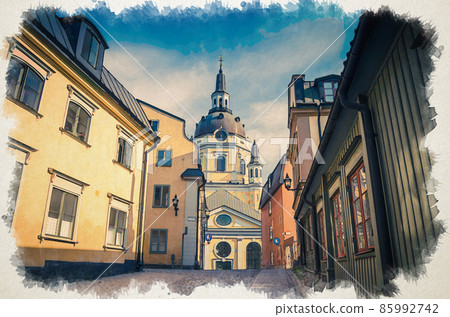Watercolor drawing of Katarina kyrka Church Catherine building with clock on dome in Katarina-Sofia district on Sodermalm Soder island 85992742