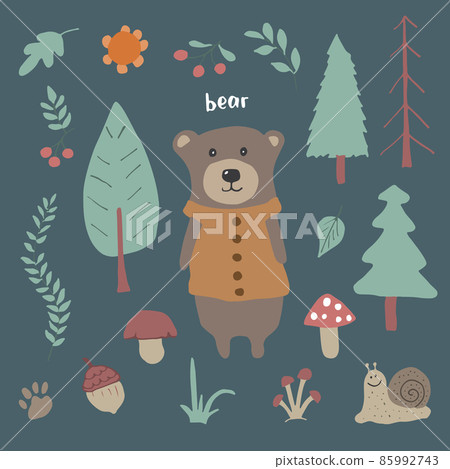 Cute Bear in forest. Cartoon Animal in Woodland with trees and plants. Vector illustration 85992743