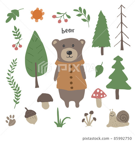 Cute Bear in forest. Cartoon Animal in Woodland with trees and plants. Vector illustration Cute Bear in forest. Cartoon Animal in Woodland with trees and plants. Vector illustration 85992750