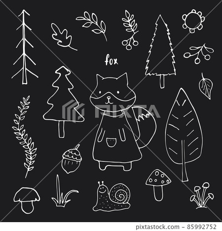 Cute Fox in forest. Cartoon Animal in Woodland with trees and plants. Vector illustration 85992752
