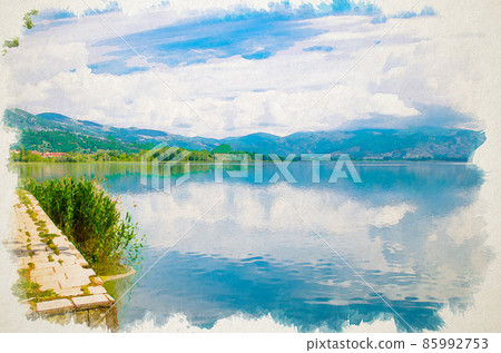 Watercolor drawing of Blue cloudy sky over Lake Orestiada near Kastoria town 85992753