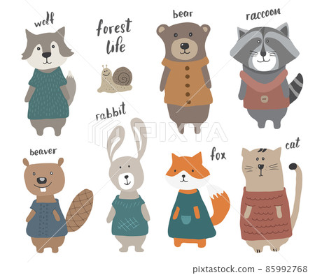 Cute Animals in clothes. Cartoon forest wildlife animals collection, fox, wolf, bear, beaver, raccoon, rabbit and wild cat. Vector illustration Cute Animals in clothes. Cartoon forest wildlife animals collection, fox, wolf, bear, beaver, raccoon, rabbit and wild cat. Vector illustration 85992768