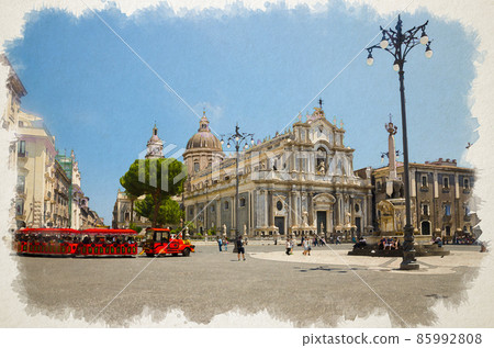 Watercolor drawing of Elephant Statue fountain, Cathedral of Santa Agatha, touristic red train and walking people on Piazza del Duomo square in Catania city Watercolor drawing of Elephant Statue fountain, Cathedral of Santa Agatha, touristic red train and walking people on Piazza del Duomo square in Catania city 85992808