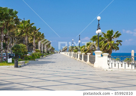 Watercolor drawing of Reggio di Calabria quay waterfront promenade Lungomare Falcomata with Strait of Messina connected Mediterranean and Tyrrhenian sea 85992810
