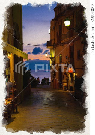 Watercolor drawing of Night evening streets with bright lanterns lamps on buildings with balconies, silhouette of people and colorful sky with clouds, Tropea town Watercolor drawing of Night evening streets with bright lanterns lamps on buildings with balconies, silhouette of people and colorful sky with clouds, Tropea town 85992829