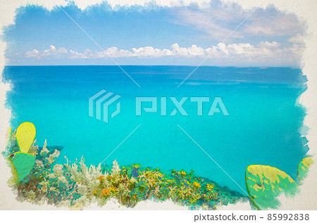 Watercolor drawing of Aerial view of beautiful amazing Tyrrhenian sea with turquoise water, tropical seascape, endless horizon with blue sky Watercolor drawing of Aerial view of beautiful amazing Tyrrhenian sea with turquoise water, tropical seascape, endless horizon with blue sky 85992838