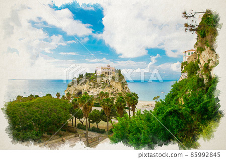 Watercolor drawing of Monastery Sanctuary church of Santa Maria dell Isola on top of rock of Tyrrhenian Sea and green palm trees, blue sky, Tropea town Watercolor drawing of Monastery Sanctuary church of Santa Maria dell Isola on top of rock of Tyrrhenian Sea and green palm trees, blue sky, Tropea town 85992845