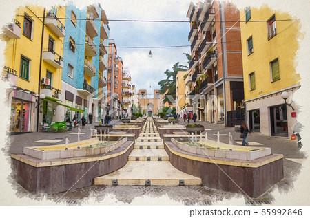 Watercolor drawing of Cosenza with modern stairs street via Arabia with fountains, multicolored buildings 85992846