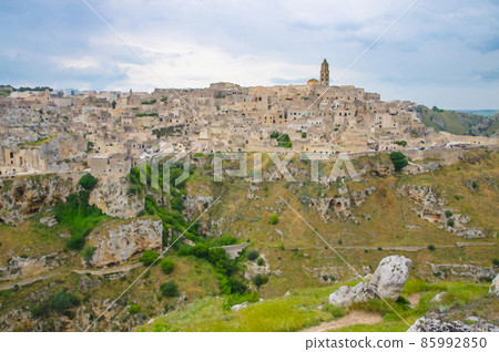 Watercolor drawing of Matera panoramic view of historical centre Sasso Caveoso old ancient town Sassi di Matera with cave rock houses 85992850