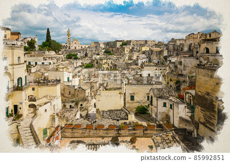 Watercolor drawing of Matera panoramic view of historical centre Sasso Barisano of old ancient town Sassi di Matera with rock cave houses Watercolor drawing of Matera panoramic view of historical centre Sasso Barisano of old ancient town Sassi di Matera with rock cave houses 85992851