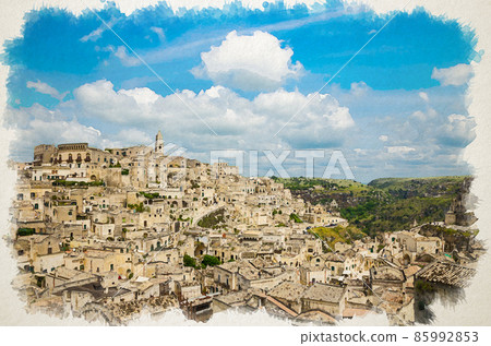 Watercolor drawing of Matera panoramic view of historical centre Sasso Caveoso of old ancient town Sassi di Matera with rock cave houses 85992853