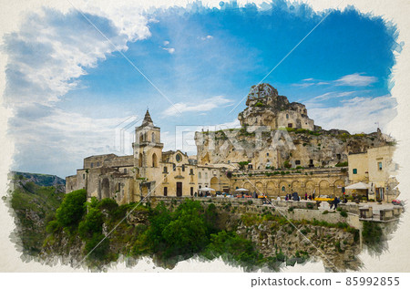 Watercolor drawing of Church Chiesa San Pietro Caveoso and rock church Santa Maria De Idris near canyon in historical centre old ancient town Sassi di Matera 85992855