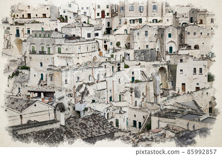 Watercolor drawing of Matera white stone houses of historical centre Sasso Barisano Watercolor drawing of Matera white stone houses of historical centre Sasso Barisano 85992857