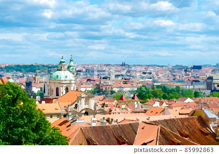 Watercolor drawing of Top aerial view of Prague historical city centre with dome of catholic Church of Saint Nicholas, red tiled roof buildings Watercolor drawing of Top aerial view of Prague historical city centre with dome of catholic Church of Saint Nicholas, red tiled roof buildings 85992863
