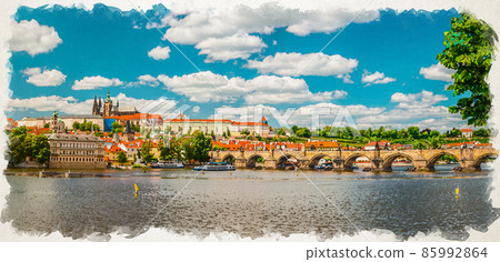 Watercolor drawing of Panorama of Prague city historical centre with Prague Castle, St. Vitus Cathedral in Hradcany district, Charles Bridge Watercolor drawing of Panorama of Prague city historical centre with Prague Castle, St. Vitus Cathedral in Hradcany district, Charles Bridge 85992864