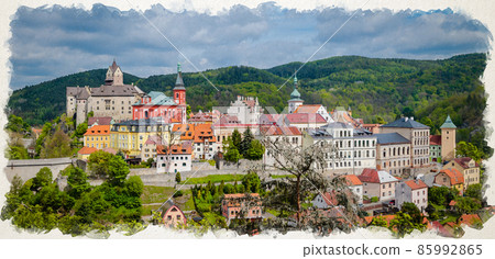Watercolor drawing of Aerial panoramic view of medieval Loket town with Loket Castle Hrad Loket gothic style on massive rock 85992865