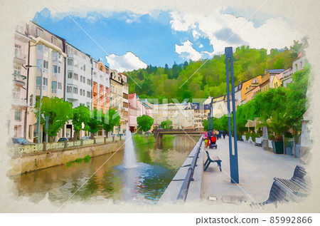 Watercolor drawing of Karlovy Vary: Karlsbad historical city centre, Tepla river central embankment, colorful beautiful buildings Watercolor drawing of Karlovy Vary: Karlsbad historical city centre, Tepla river central embankment, colorful beautiful buildings 85992866