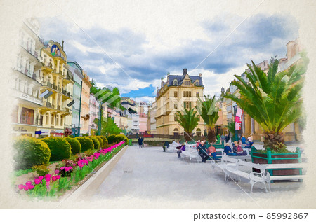 Watercolor drawing of Karlovy Vary: people are walking down street and Tepla river embankment in Karlsbad historical city centre 85992867