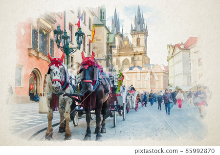Watercolor drawing of Horse Carriage Coach for tourists entertainment in Prague Old Town Square 85992870