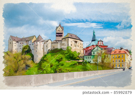 Watercolor drawing of Loket Castle Hrad Loket gothic style building on massive rock, colorful buildings in town, bridge over Eger river 85992879