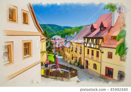 Watercolor drawing of Loket town narrow street, colorful traditional typical buildings with multicolored walls, cobblestone road 85992880