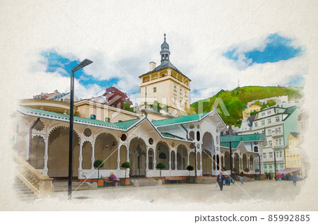 Watercolor drawing of Karlovy Vary: The Market Colonnade Trzni kolonada wooden colonnade with hot springs and people Watercolor drawing of Karlovy Vary: The Market Colonnade Trzni kolonada wooden colonnade with hot springs and people 85992885