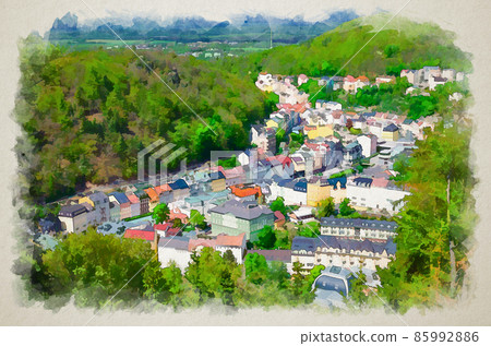 Watercolor drawing of Karlovy Vary Karlsbad historical city centre top aerial view with colorful beautiful buildings, Slavkov Forest hills 85992886
