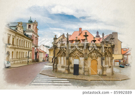 Watercolor drawing of Stone Fountain in Kutna Hora historical Town Centre with cobblestone road, old style buildings 85992889
