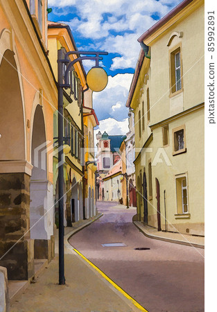 Watercolor drawing of Narrow street in Kutna Hora historical Town Centre with cobblestone road, old style colorful buildings 85992891