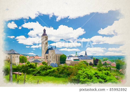 Watercolor drawing of The Church of St James catholic church building with clock tower in Kutna Hora historical Town Centre Watercolor drawing of The Church of St James catholic church building with clock tower in Kutna Hora historical Town Centre 85992892