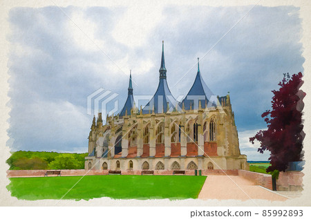 Watercolor drawing of Saint Barbara's Church Cathedral of St Barbara Roman Catholic church Gothic style building in Kutna Hora 85992893