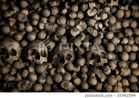 Watercolor drawing of Human bones and skulls. Row of skulls. Skulls collection. Symbol of death, fear and evil Watercolor drawing of Human bones and skulls. Row of skulls. Skulls collection. Symbol of death, fear and evil 85992894