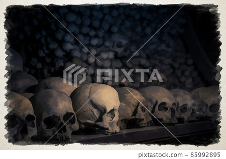 Watercolor drawing of Human bones and skulls. Row of skulls. Skulls collection. Symbol of death, fear and evil Watercolor drawing of Human bones and skulls. Row of skulls. Skulls collection. Symbol of death, fear and evil 85992895