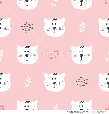 Cute Cat Seamless pattern. Cartoon Animals in forest background. Vector illustration Cute Cat Seamless pattern. Cartoon Animals in forest background. Vector illustration 85992964