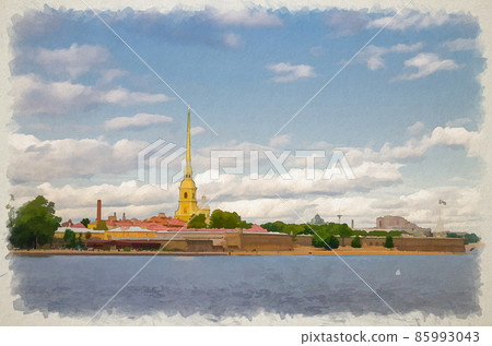 Watercolor drawing of The Peter and Paul Fortress citadel, Saints Peter and Paul Cathedral Orthodox church, fortress walls on Zayachy Hare Island Watercolor drawing of The Peter and Paul Fortress citadel, Saints Peter and Paul Cathedral Orthodox church, fortress walls on Zayachy Hare Island 85993043